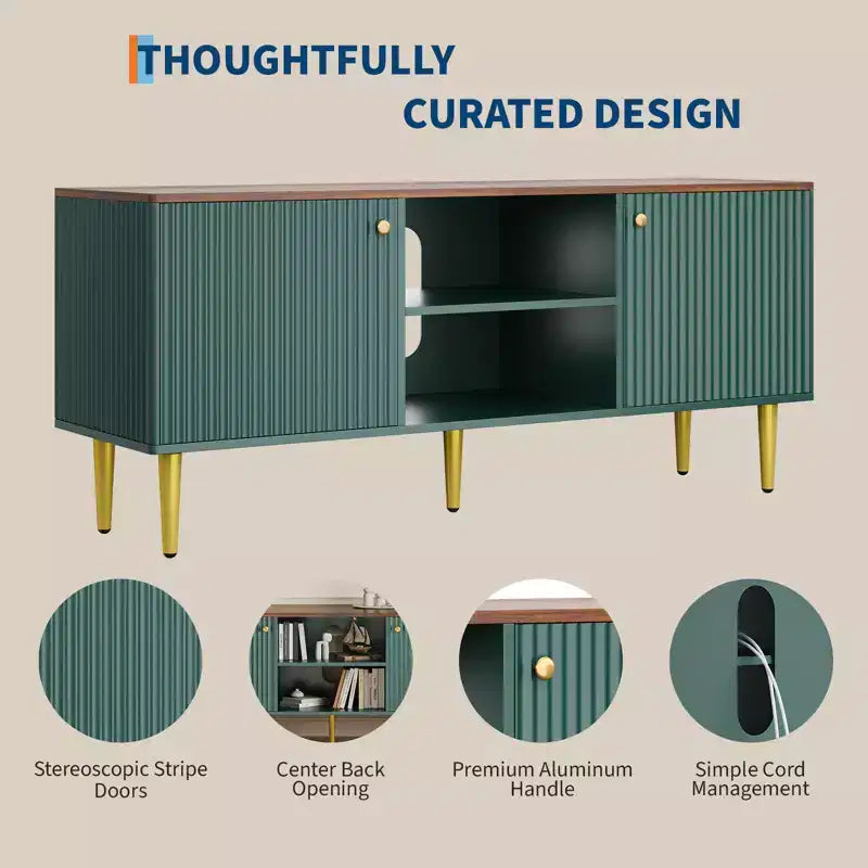 Meuble TV cannelé Garvee pour téléviseurs jusqu'à 65 pouces, meuble de divertissement en bois de style Mid-Century de 55 pouces de long avec 2 portes de rangement et étagère réglable