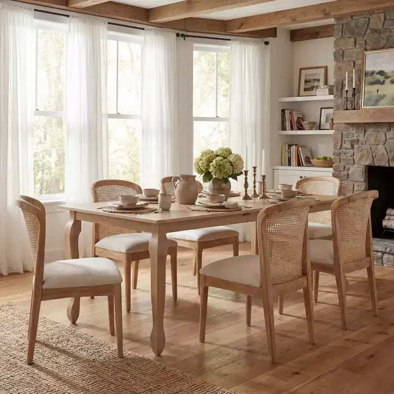 Christopher Knight Home Thaddea 7-Piece Farmhouse Expandable Rubberwood Dining Set with Rattan Fabric Upholstered Chairs