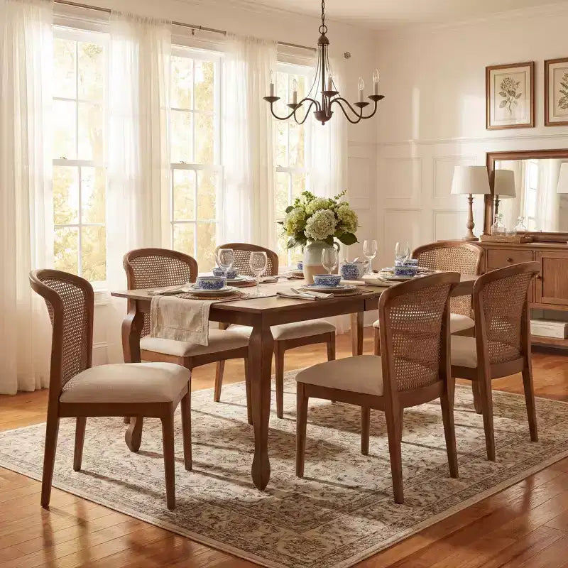 Ensemble de salle à manger extensible 7 pièces Christopher Knight Home Thaddea en bois d'hévéa avec chaises rembourrées en tissu et rotin