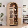 71 Arched Bookcase with Glass Doors&Rattan Storage,Modern Kitchen Storage Cabinet with Adjustable Shelves,Wood Cupboard for Dining Room&Living Room