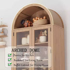 Bibliothèque arquée de 71 po avec portes vitrées et rangement en rotin, Armoire de cuisine moderne avec étagères réglables, Buffet en bois pour salle à manger et salon