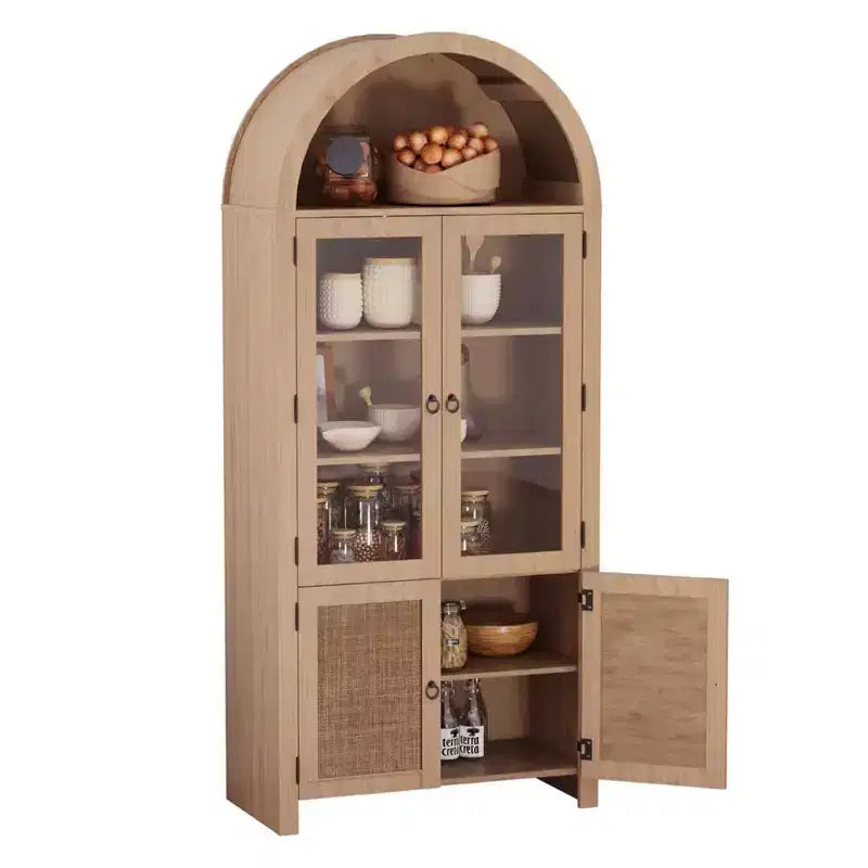 Bibliothèque arquée de 71 po avec portes vitrées et rangement en rotin, Armoire de cuisine moderne avec étagères réglables, Buffet en bois pour salle à manger et salon