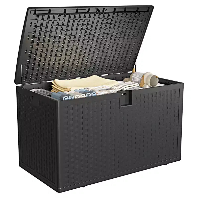 120 Gallon Waterproof Lockable Resin Outdoor Storage Box, Weatherproof Rattan Style with Side Handles, for Patio Furniture, Garden Tools