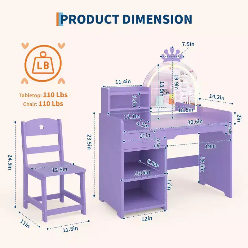 Coiffeuse pour enfants avec lumières, coiffeuse de princesse 2 en 1 avec chaise de coiffeuse pour tout-petits avec étagère ouverte, meuble de rangement, étagères pour filles