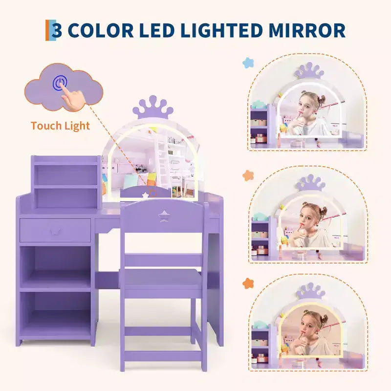 Coiffeuse pour enfants avec lumières, coiffeuse de princesse 2 en 1 avec chaise de coiffeuse pour tout-petits avec étagère ouverte, meuble de rangement, étagères pour filles