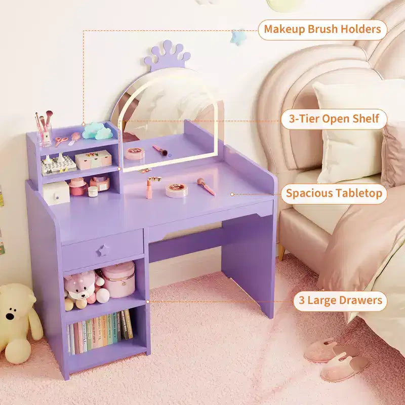 Coiffeuse pour enfants avec lumières, coiffeuse de princesse 2 en 1 avec chaise de coiffeuse pour tout-petits avec étagère ouverte, meuble de rangement, étagères pour filles