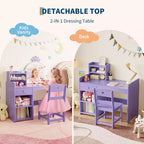 Coiffeuse pour enfants avec lumières, coiffeuse de princesse 2 en 1 avec chaise de coiffeuse pour tout-petits avec étagère ouverte, meuble de rangement, étagères pour filles