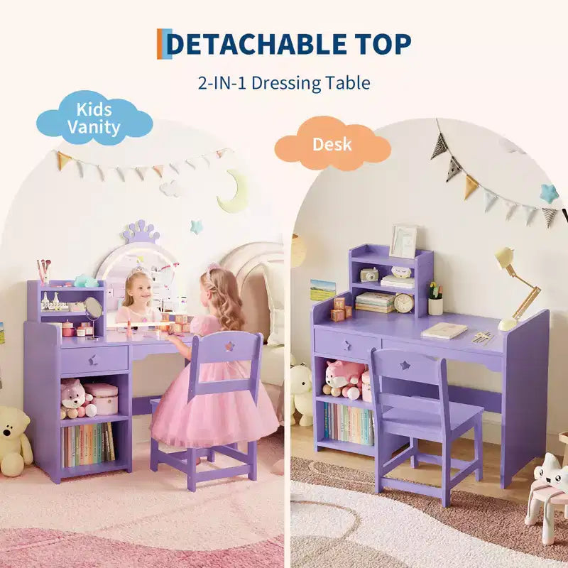 Coiffeuse pour enfants avec lumières, coiffeuse de princesse 2 en 1 avec chaise de coiffeuse pour tout-petits avec étagère ouverte, meuble de rangement, étagères pour filles