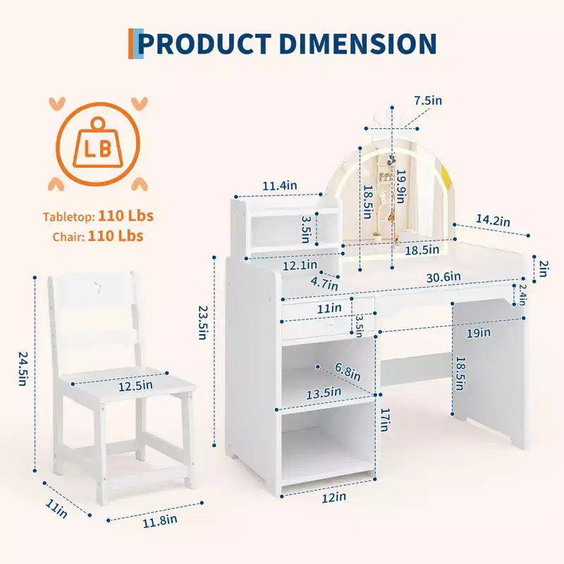 Coiffeuse pour enfants avec lumières, coiffeuse de princesse 2 en 1 avec chaise de coiffeuse pour tout-petits avec étagère ouverte, meuble de rangement, étagères pour filles