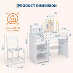 Coiffeuse pour enfants avec lumières, coiffeuse de princesse 2 en 1 avec chaise de coiffeuse pour tout-petits avec étagère ouverte, meuble de rangement, étagères pour filles