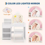 Coiffeuse pour enfants avec lumières, coiffeuse de princesse 2 en 1 avec chaise de coiffeuse pour tout-petits avec étagère ouverte, meuble de rangement, étagères pour filles