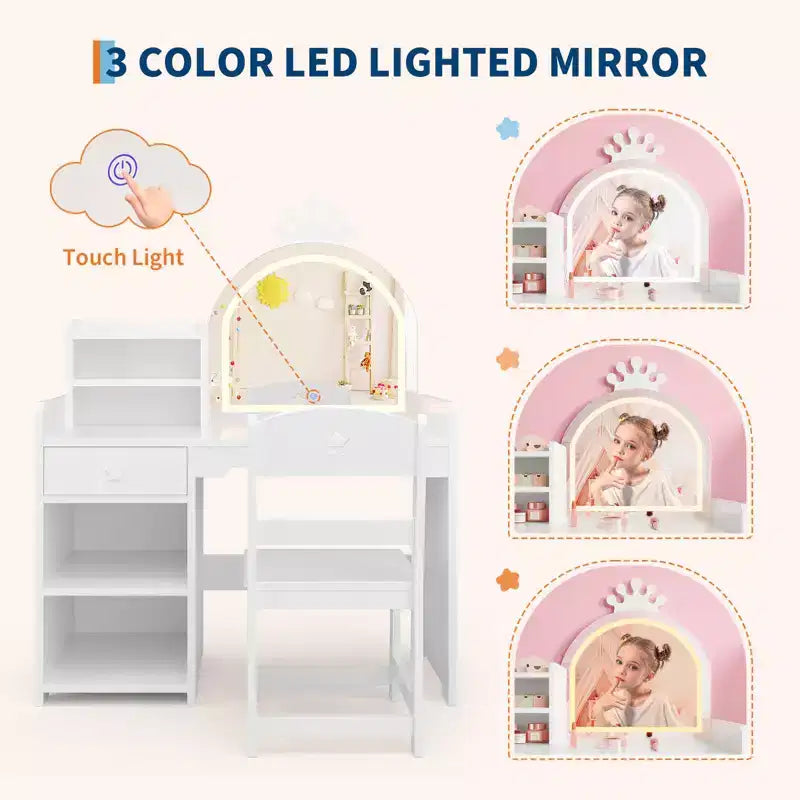 Coiffeuse pour enfants avec lumières, coiffeuse de princesse 2 en 1 avec chaise de coiffeuse pour tout-petits avec étagère ouverte, meuble de rangement, étagères pour filles