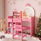 Coiffeuse pour enfants avec lumières, coiffeuse de princesse 2 en 1 avec chaise de coiffeuse pour tout-petits avec étagère ouverte, meuble de rangement, étagères pour filles