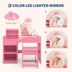 Coiffeuse pour enfants avec lumières, coiffeuse de princesse 2 en 1 avec chaise de coiffeuse pour tout-petits avec étagère ouverte, meuble de rangement, étagères pour filles