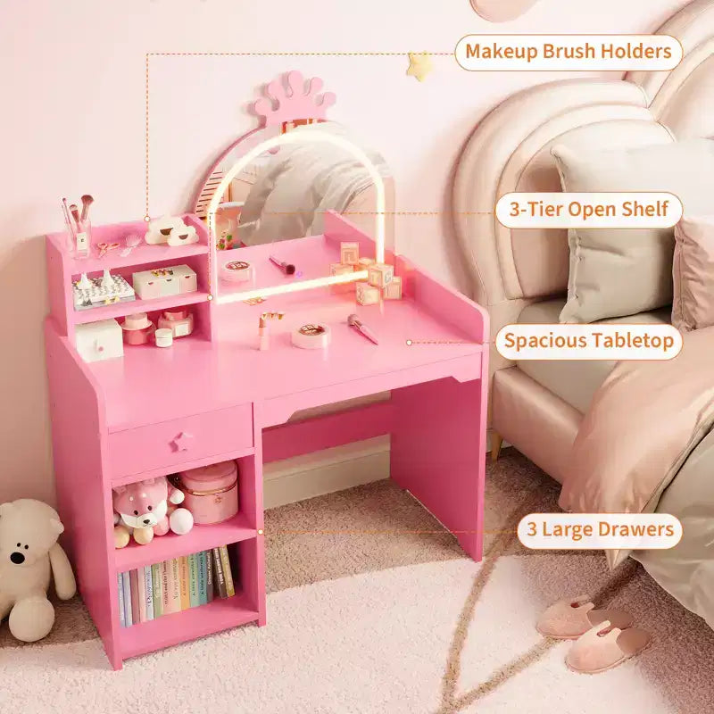 Coiffeuse pour enfants avec lumières, coiffeuse de princesse 2 en 1 avec chaise de coiffeuse pour tout-petits avec étagère ouverte, meuble de rangement, étagères pour filles