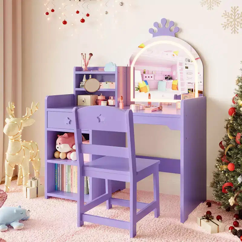 Coiffeuse pour enfants avec lumières, coiffeuse de princesse 2 en 1 avec chaise de coiffeuse pour tout-petits avec étagère ouverte, meuble de rangement, étagères pour filles