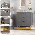 Commode moderne en bois à 3 tiroirs, commode de chambre avec poignées dorées, table de chevet et armoire de rangement