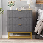 Commode moderne en bois à 3 tiroirs, commode de chambre avec poignées dorées, table de chevet et armoire de rangement
