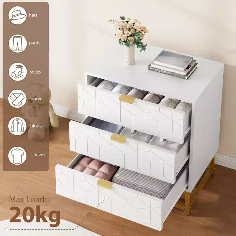 Commode moderne en bois à 3 tiroirs, commode de chambre avec poignées dorées, table de chevet et armoire de rangement