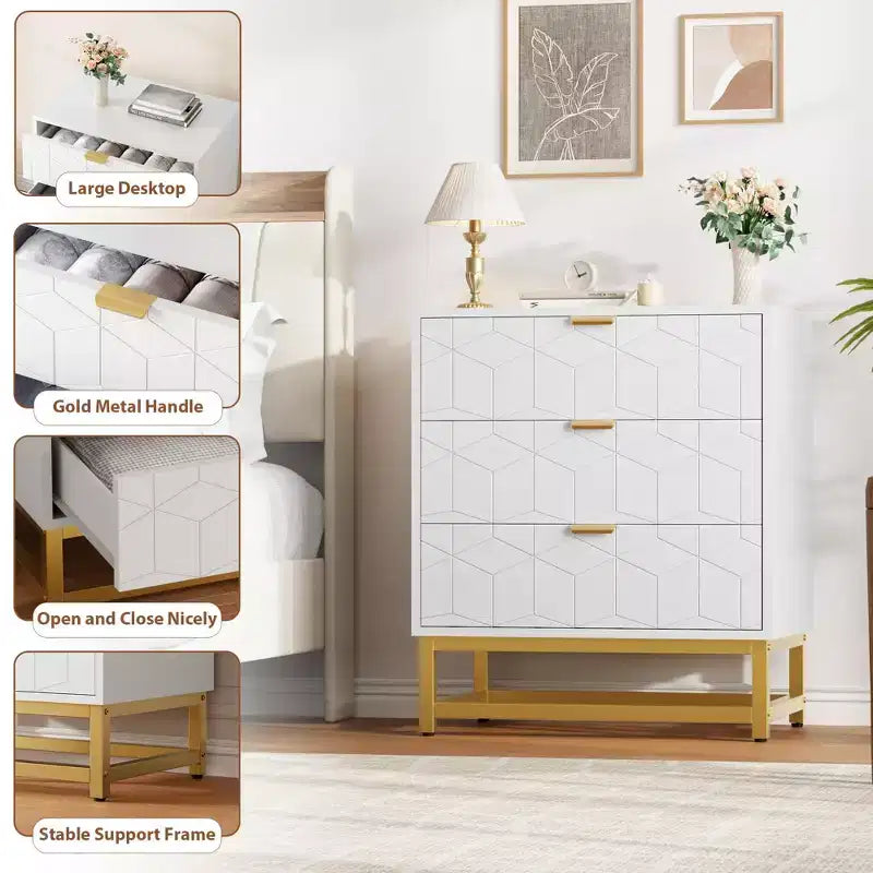 Commode moderne en bois à 3 tiroirs, commode de chambre avec poignées dorées, table de chevet et armoire de rangement