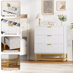 Commode moderne en bois à 3 tiroirs, commode de chambre avec poignées dorées, table de chevet et armoire de rangement