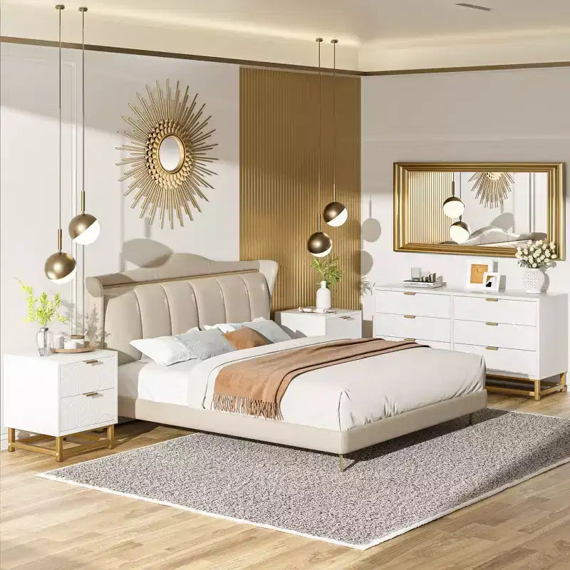 Commode moderne en bois à 3 tiroirs, commode de chambre avec poignées dorées, table de chevet et armoire de rangement
