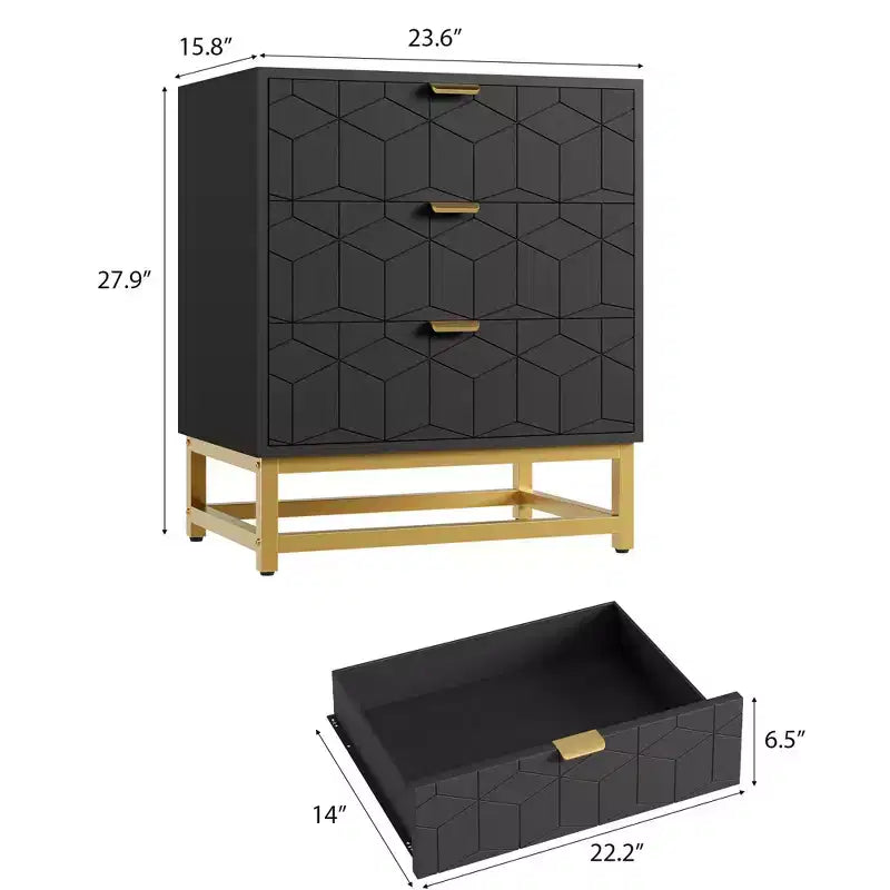 Commode moderne en bois à 3 tiroirs, commode de chambre avec poignées dorées, table de chevet et armoire de rangement