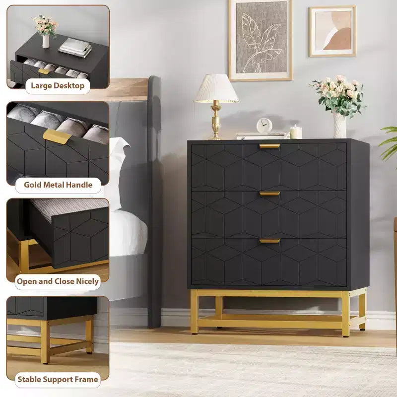 Commode moderne en bois à 3 tiroirs, commode de chambre avec poignées dorées, table de chevet et armoire de rangement