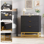 Commode moderne en bois à 3 tiroirs, commode de chambre avec poignées dorées, table de chevet et armoire de rangement