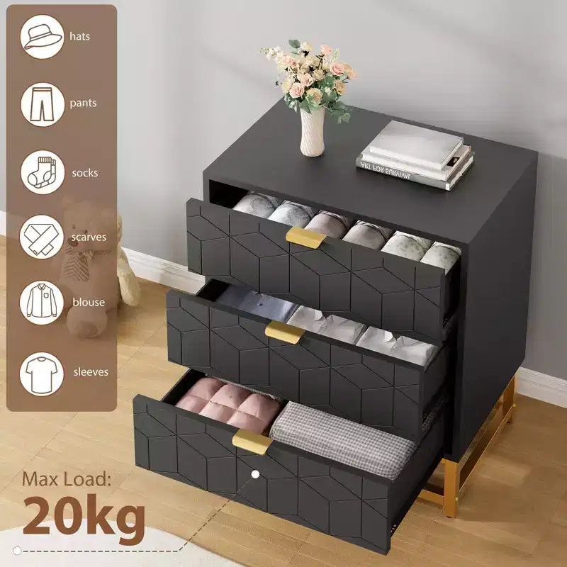 Commode moderne en bois à 3 tiroirs, commode de chambre avec poignées dorées, table de chevet et armoire de rangement