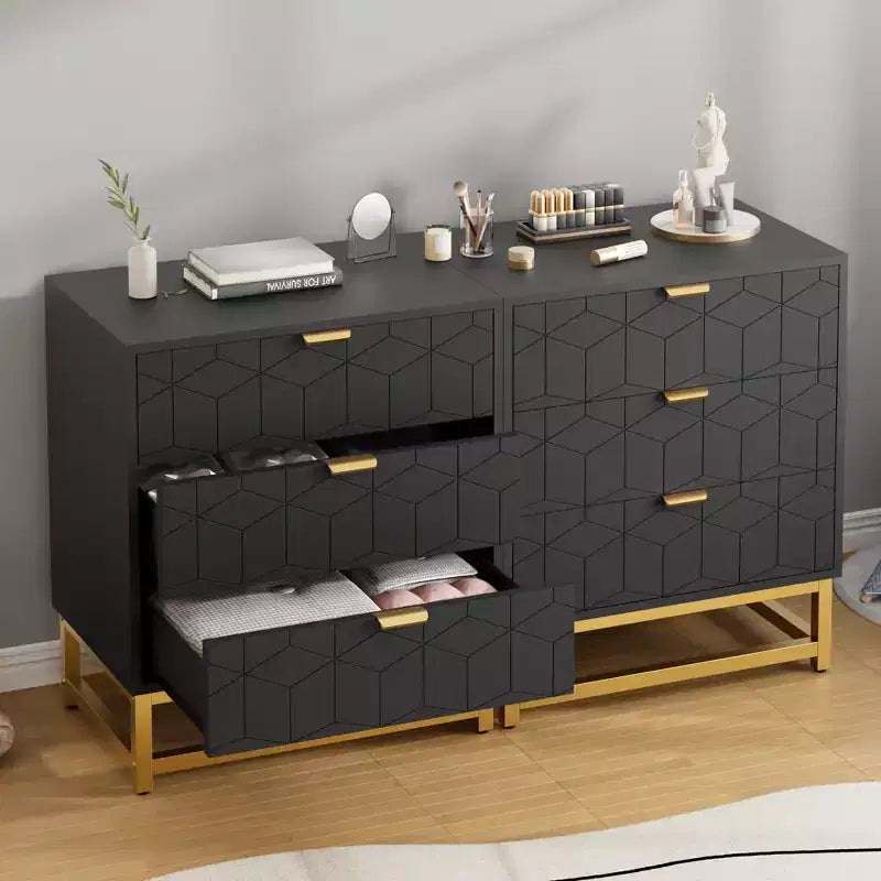 Commode moderne en bois à 3 tiroirs, commode de chambre avec poignées dorées, table de chevet et armoire de rangement