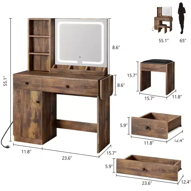 Table de maquillage avec miroir et lumières, ensemble coiffeuse avec tiroir, prise de courant, chaise et 3 étagères, chambre à coucher
