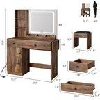 Table de maquillage avec miroir et lumières, ensemble coiffeuse avec tiroir, prise de courant, chaise et 3 étagères, chambre à coucher