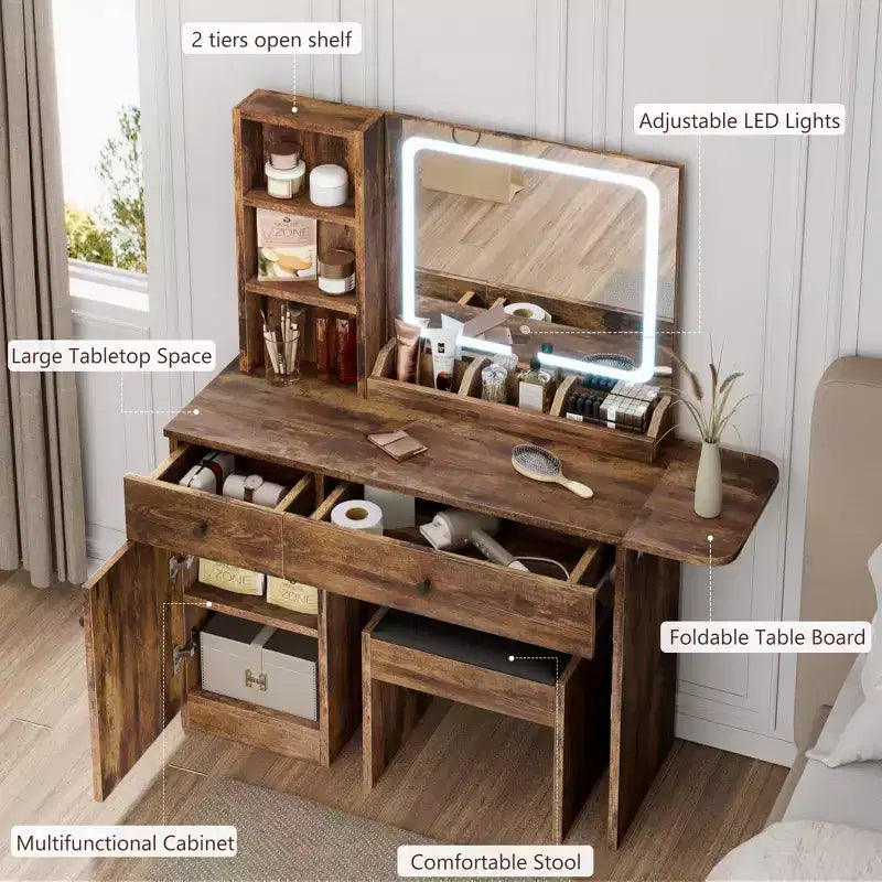 Table de maquillage avec miroir et lumières, ensemble coiffeuse avec tiroir, prise de courant, chaise et 3 étagères, chambre à coucher