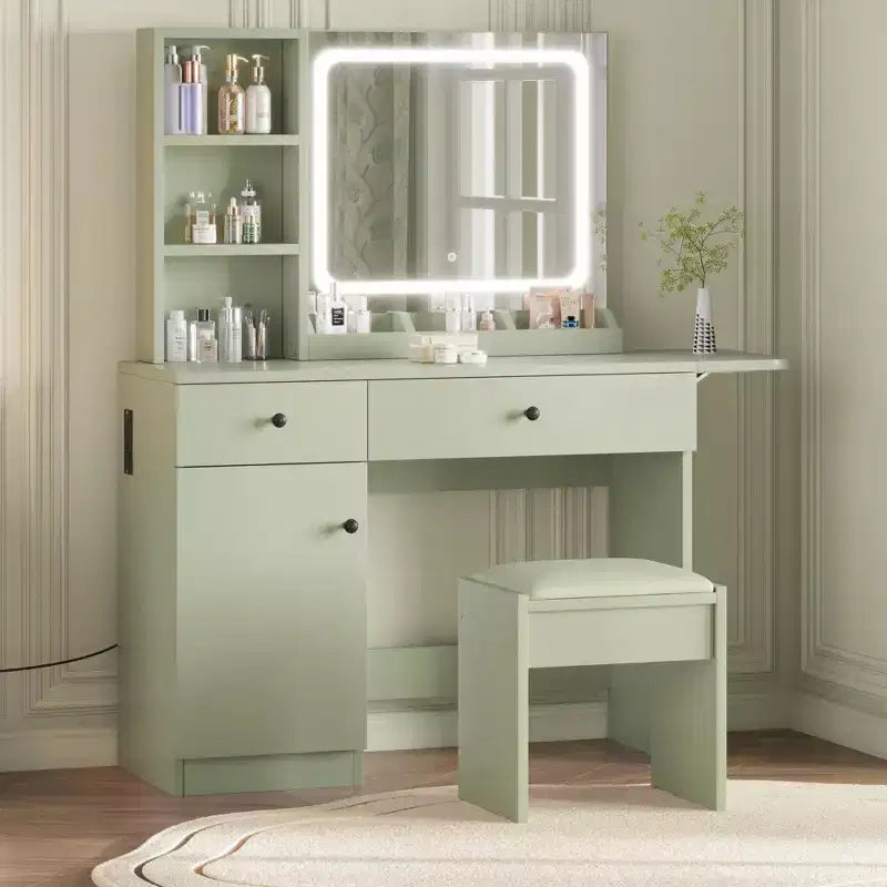 Table de maquillage avec miroir et lumières, ensemble coiffeuse avec tiroir, prise de courant, chaise et 3 étagères, chambre à coucher