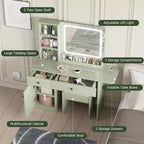 Table de maquillage avec miroir et lumières, ensemble coiffeuse avec tiroir, prise de courant, chaise et 3 étagères, chambre à coucher