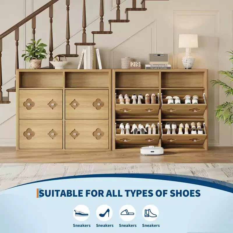 Meuble à chaussures avec étagères réglables, motif floral et poignée en losange, meuble à chaussures fin sur pied