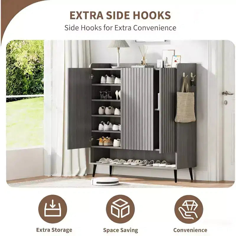 Meuble à chaussures, 30 paires, rangement en rotin pour entrée, meuble haut de style rustique à 6 niveaux avec portes pour couloir ou placard