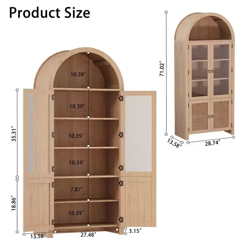 Meuble haut en bois avec arche et rangement de 71", meuble de cuisine, armoire de rangement à 6 étagères avec porte en rotin et tiroir