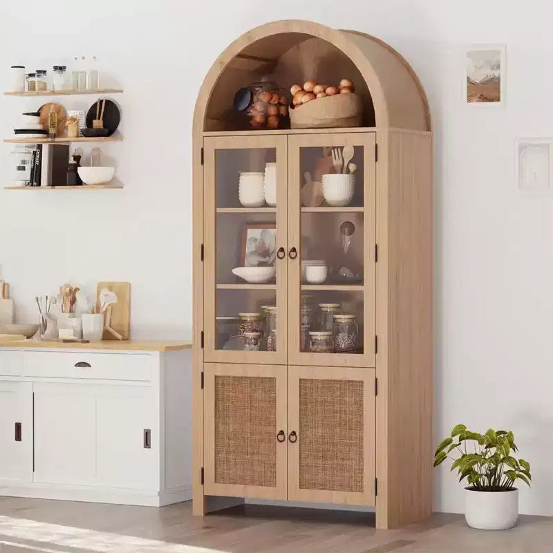 Meuble haut en bois avec arche et rangement de 71", meuble de cuisine, armoire de rangement à 6 étagères avec porte en rotin et tiroir