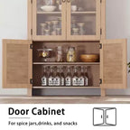 Meuble haut en bois avec arche et rangement de 71", meuble de cuisine, armoire de rangement à 6 étagères avec porte en rotin et tiroir
