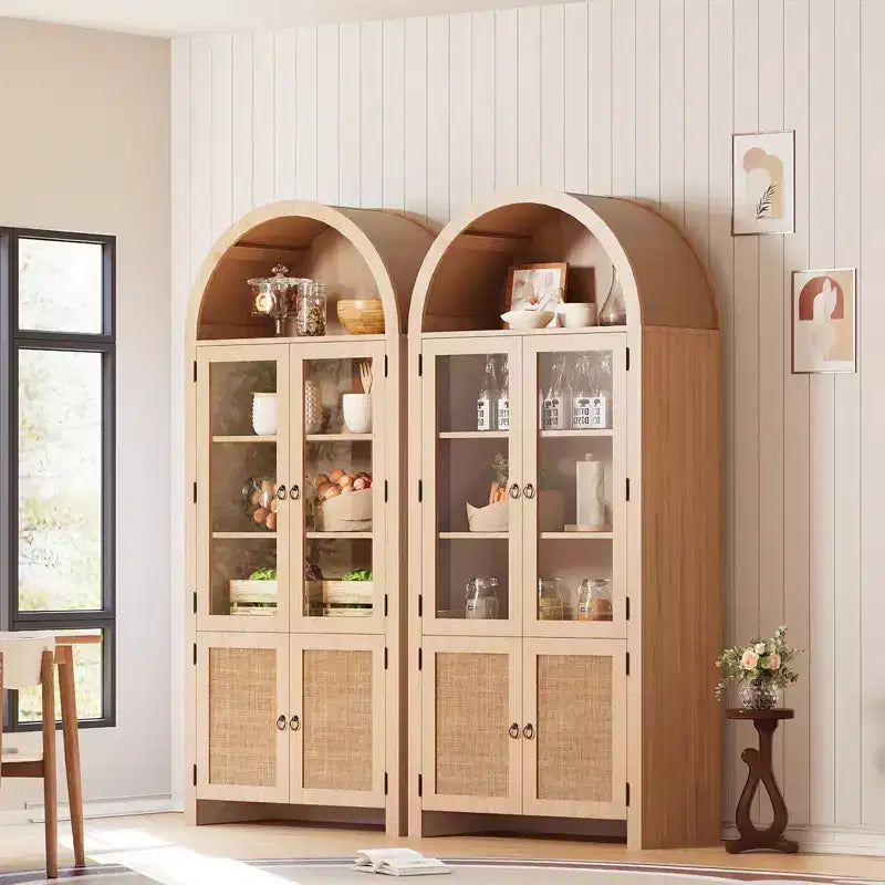 Meuble haut en bois avec arche et rangement de 71", meuble de cuisine, armoire de rangement à 6 étagères avec porte en rotin et tiroir