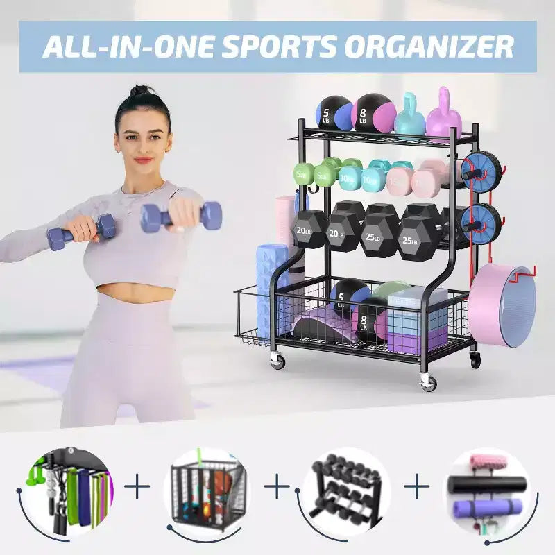 Rangement pour haltères, kettlebells, tapis et ballons de yoga, avec roues et crochets, en acier thermolaqué