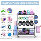Rangement pour haltères, kettlebells, tapis et ballons de yoga, avec roues et crochets, en acier thermolaqué