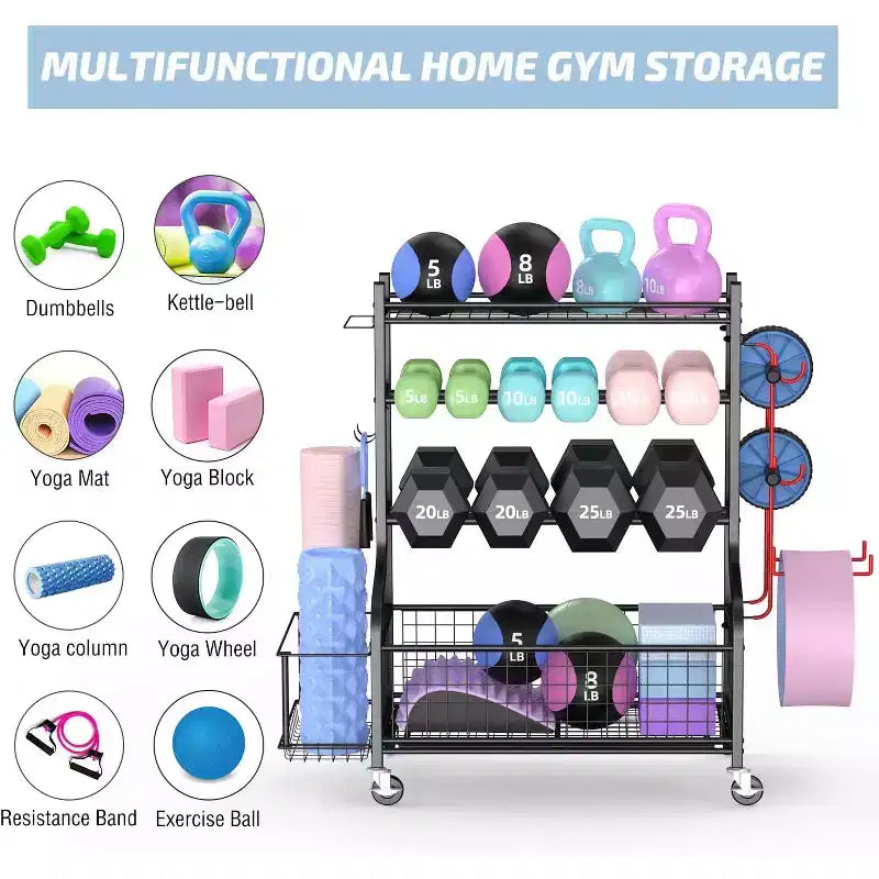 Rangement pour haltères, kettlebells, tapis et ballons de yoga, avec roues et crochets, en acier thermolaqué