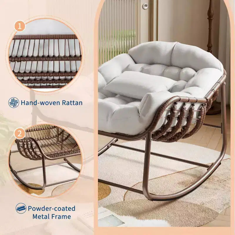 Fauteuil à bascule d'extérieur, chaise œuf de patio surdimensionnée avec coussin rembourré, bascule papasan en rotin pour l'intérieur, le porche, le jardin