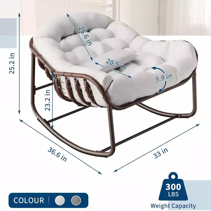 Fauteuil à bascule d'extérieur, chaise œuf de patio surdimensionnée avec coussin rembourré, bascule papasan en rotin pour l'intérieur, le porche, le jardin