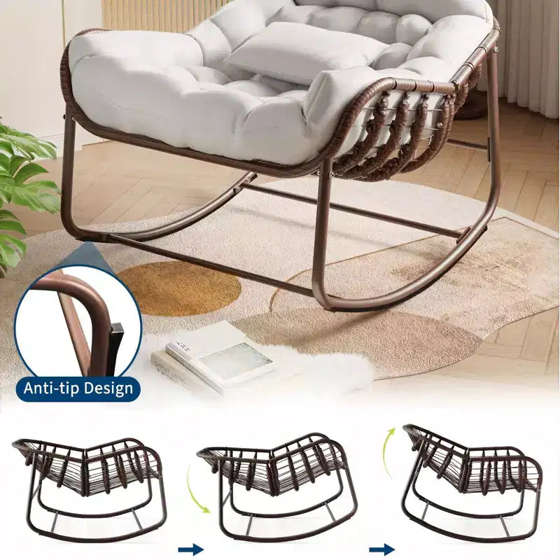 Fauteuil à bascule d'extérieur, chaise œuf de patio surdimensionnée avec coussin rembourré, bascule papasan en rotin pour l'intérieur, le porche, le jardin