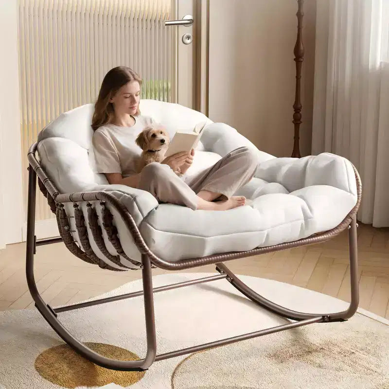 Fauteuil à bascule d'extérieur, chaise œuf de patio surdimensionnée avec coussin rembourré, bascule papasan en rotin pour l'intérieur, le porche, le jardin
