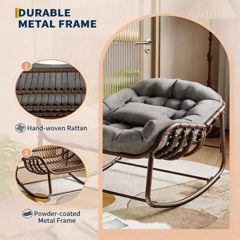 Fauteuil à bascule d'extérieur, chaise œuf de patio surdimensionnée avec coussin rembourré, bascule papasan en rotin pour l'intérieur, le porche, le jardin